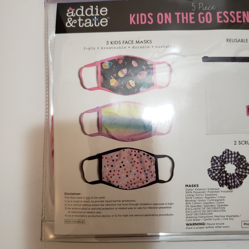 New Kids Face Masks and Scrunchie Set NWT 5 piece set Rainbow Cupcake Pink Blue - Picture 3 of 7